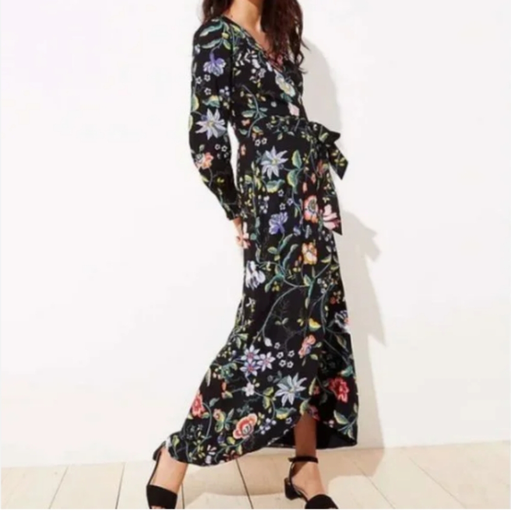 LOFT Vine Black Floral Wrap Maxi Dress Size 2 Petite NWT